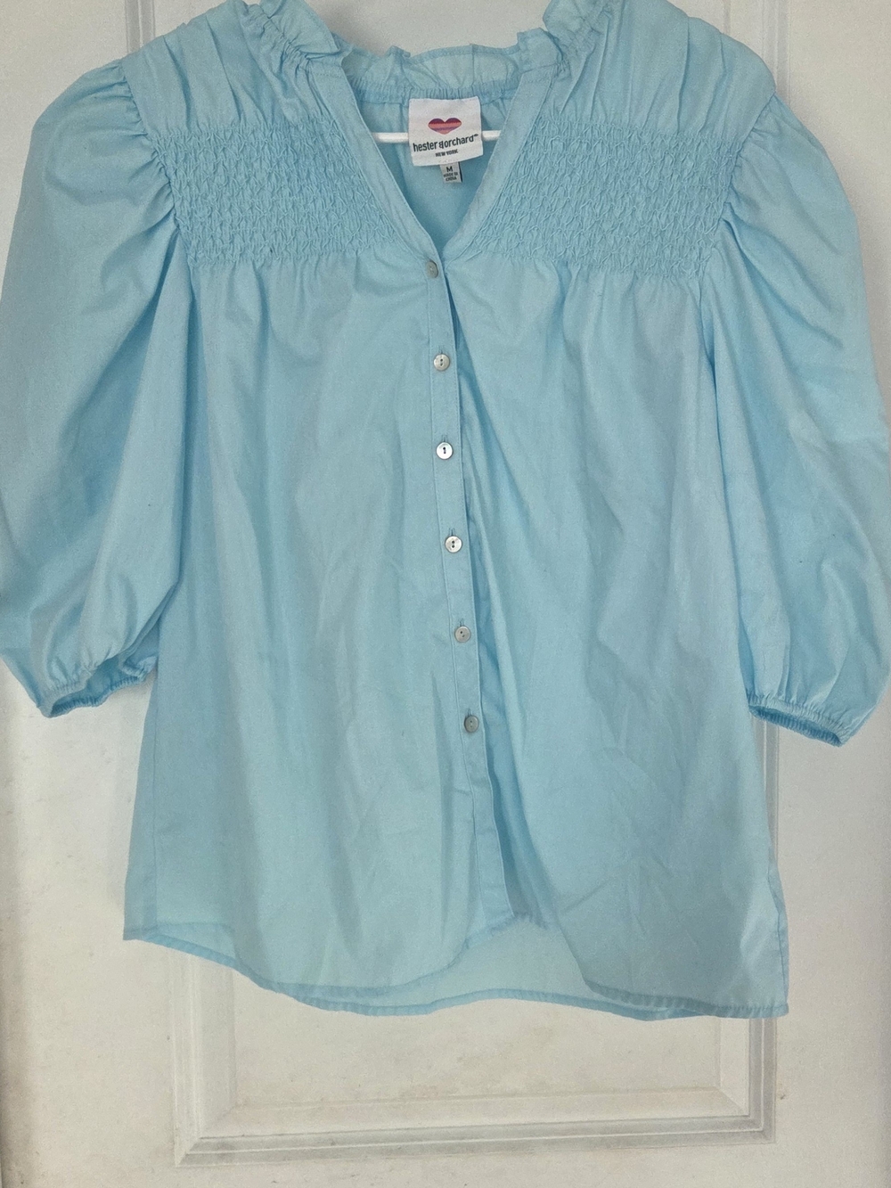 Hester&Orchard (Anthropologie) Blue, Puff Sleeves Smocked detail Blouse